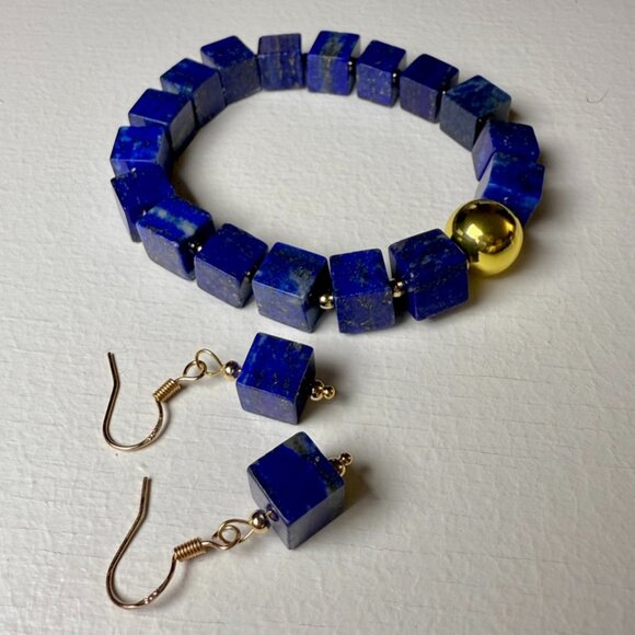 Handmade Jewelry - Modern Lapis Lazuli Cube Bracelet + Earrings Set